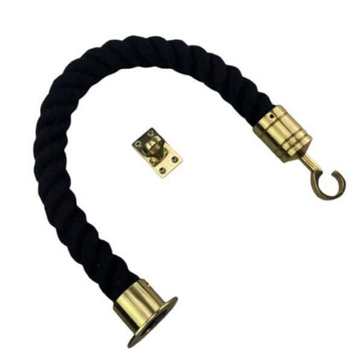 rs black polyspun barrier rope with polished brass cup hook and eye plate
