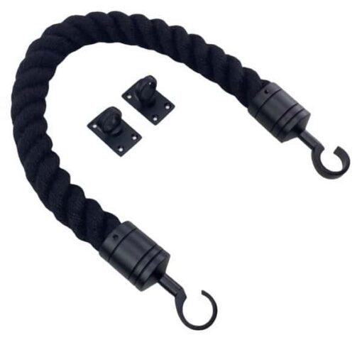 rs black synthetic polyspun barrier rope with powder coated black hook and eye plates
