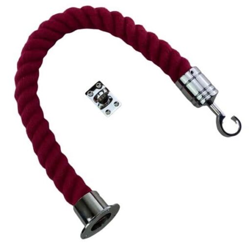rs burgundy polyspun barrier rope with polished chrome cup hook and eye plate