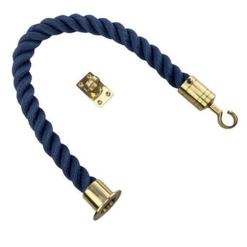 synthetic navy blue barrier rope with polished brass cup hook and eye plate